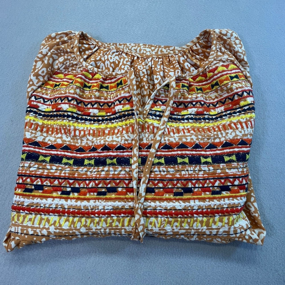 Boho Embroidered Leopard Print Peasant Blouse Orange Tan Western AztecSmall - Picture 2 of 8